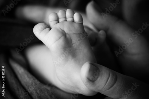 Children's feet in hold hands of mother and father on white. Mother, father and newborn Child. Happy Family people concept. Black and white.