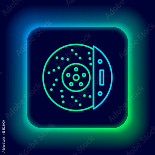 Glowing neon line Car brake disk with caliper icon isolated on black background. Colorful outline concept. Vector