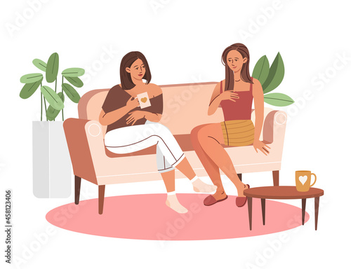 Two happy smiling female characters are sitting on the couch and laughing together on white background. Girlfriends drinking tea at home. Spending time together. Flat cartoon vector illustration