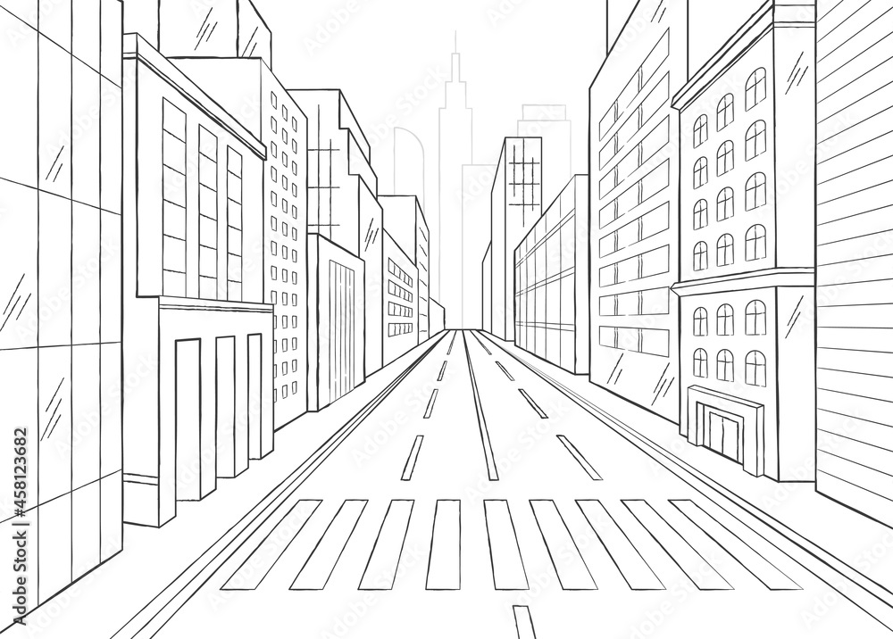 Hand drawn big city street graphic black and white sketch on white background. Concept of architect modern city view concept plan for building. Flat cartoon vector illustration