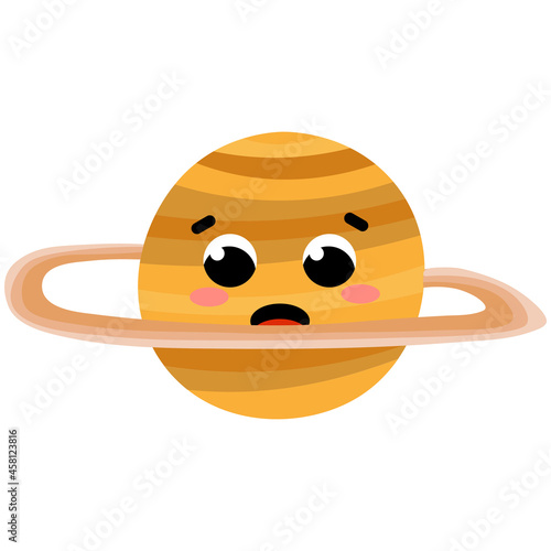 Solar system cosmic object, saturn planet chracter with cute cartoon style face isolated on white background photo