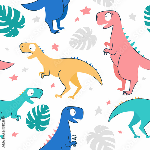Seamless patterns. Concept for a child. Yellow pink blue turquoise dinosaurs with monstera leaves and stars.