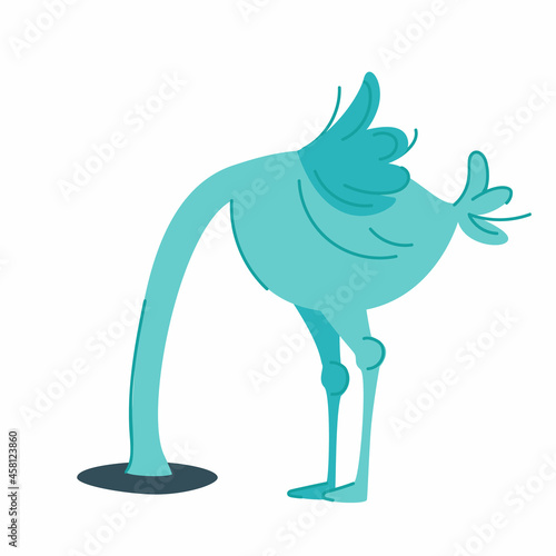 The ostrich buries its head in the sand, oblivious to the problems. A bird without a head, hides its head in the ground. A funny bird in horror and despair.