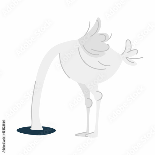The ostrich buries its head in the sand, oblivious to the problems. A bird without a head, hides its head in the ground. A funny bird in horror and despair.