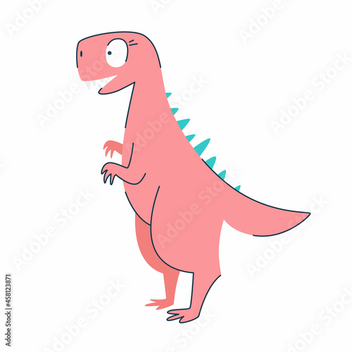 Funny cartoon cute pink dinosaur. Cute happy dinosaur girl. Funny pink dragon mascot. Isolated over white background.