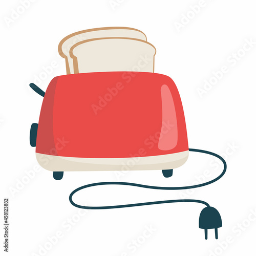 Cute realistic toaster and toast. Breakfast concept. Red toaster with bread on an isolated background.
