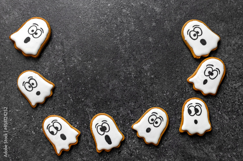 cookies white ghost halloween on a gray background in the center of copy space 
