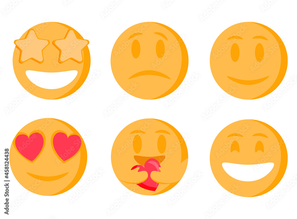 Various emoji faces flat icons big set for web design. Cartoon yellow emotion circles icons smiling, laughing and crying isolated vector illustrations. Feeling expression and communication concept