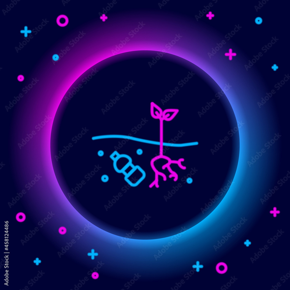Glowing neon line The problem of pollution of the planet icon isolated on black background. The garbage, plastic, bags on the planet. Colorful outline concept. Vector Glowing neon line The problem of pollution of the planet icon isolated on black background. The garbage, plastic, bags on the planet. Colorful outline concept. Vector