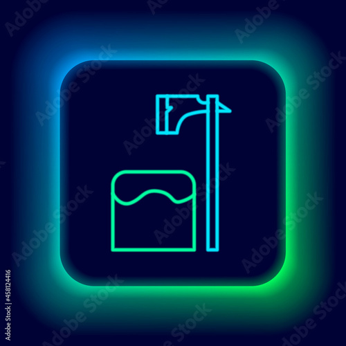 Glowing neon line Executioner axe in tree block icon isolated on black background. Hangman, torturer, executor, tormentor, butcher, headsman. Colorful outline concept. Vector
