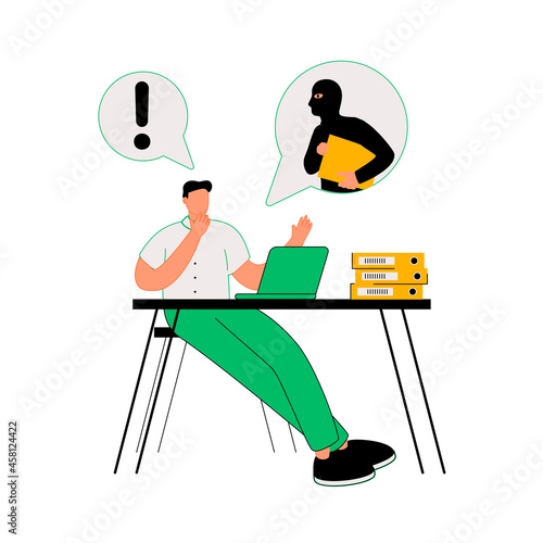 Online crime concept illustration, online social media fraud. A swindler and a thief are working at the computer. Vector flat illustration isolated on white background