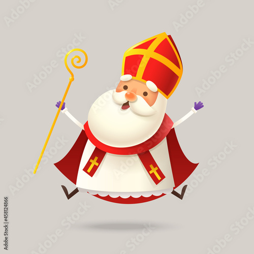 Cute Saint Nicholas or Sinterklaas jumping - happy expression - vector illustration