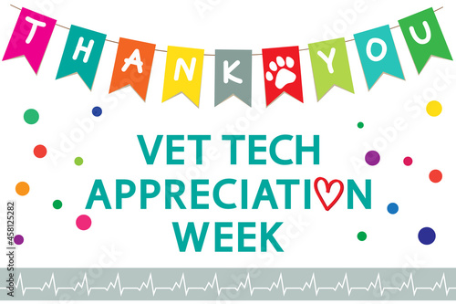 Vet Tech Appreciation Week concept. Garland of colored flags and text "thank you" on a white background, vector.	
