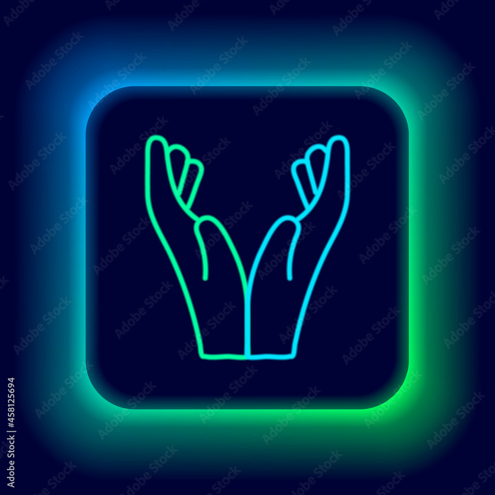 Obraz premium Glowing neon line Hands in praying position icon isolated on black background. Prayer to god with faith and hope. Colorful outline concept. Vector