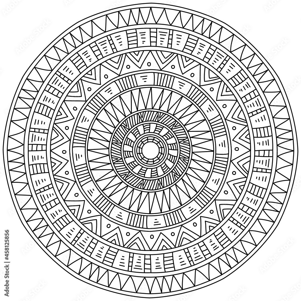 Contour mandala with linear patterns, meditative coloring page with straight lines