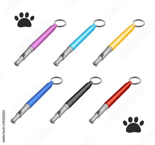 Whistle for dog training. Vector illustration. Isometric color set icons for web design isolated on white background