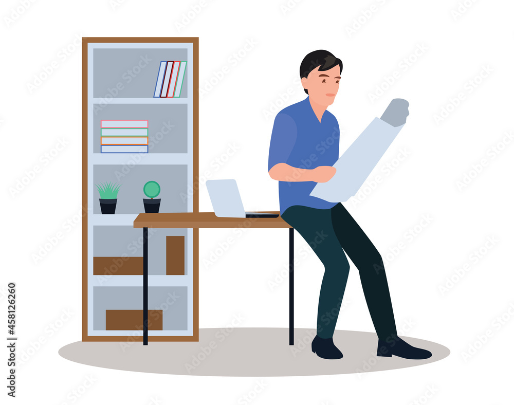 A man standing and looking at vector illustrations of documents.