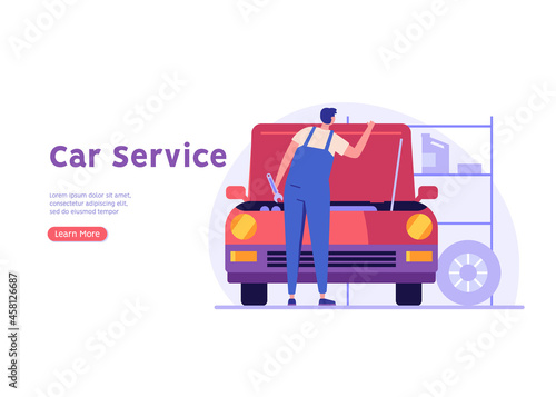 Auto mechanic repairing and checking the broken car with a wrench in a garage. Concept of car repair, vehicle inspection, auto service. Vector illustration in flat design.