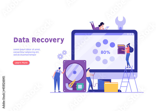 Repair service restore files on computer. Restoration process. Data recovery, data storage backup, hardware disk repair service. Vector illustration in flat cartoon design