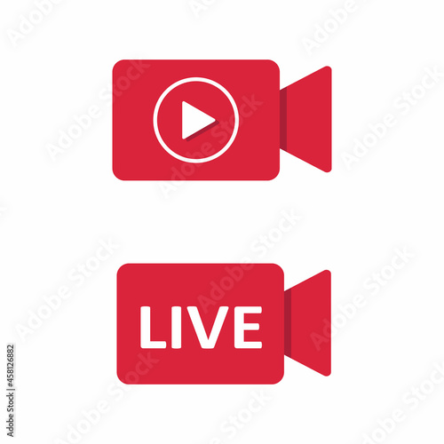 Outline video camera icon, linear projector with play sign, video content pictogram. 