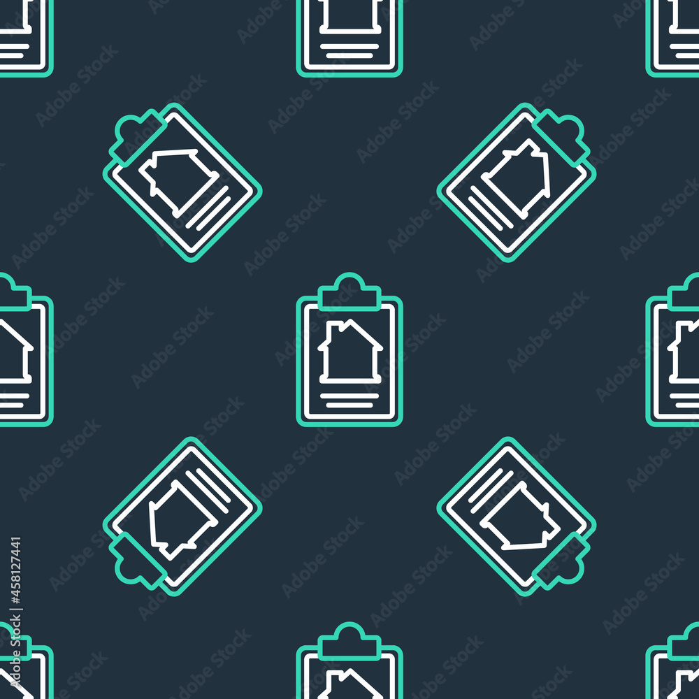 Line House contract icon isolated seamless pattern on black background. Contract creation service, document formation, application form composition. Vector Line House contract icon isolated seamless pattern on black background. Contract creation service, document formation, application form composition. Vector