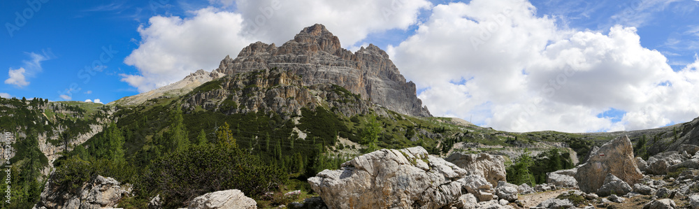 Tre Cime di Lavaredo panoramic view with rocks and forest