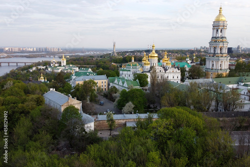 Church in the European city of Kiev - Kiev-Pechersk Lavra. Summer drone shooting