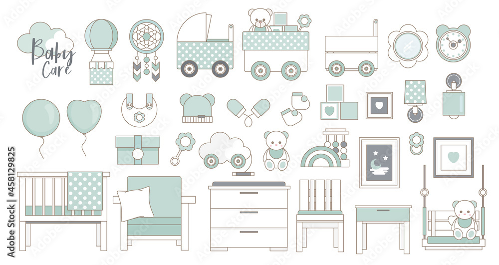 Fototapeta premium Newborn baby care accessories and items. Baby first equipment