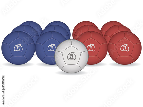 para sports paralympic boccia, two sets of six balls, red and blue including white target ball with wheelchair symbol 3D, isolated on a white background