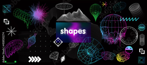 Trendy retrofuturistic holographic collection. Circle design neon shapes with glitch and liquid effect. Trendy Vaporwave in 80s-90s style. Memphis, synthwave. Shapes design elements for t-shirt.Vector