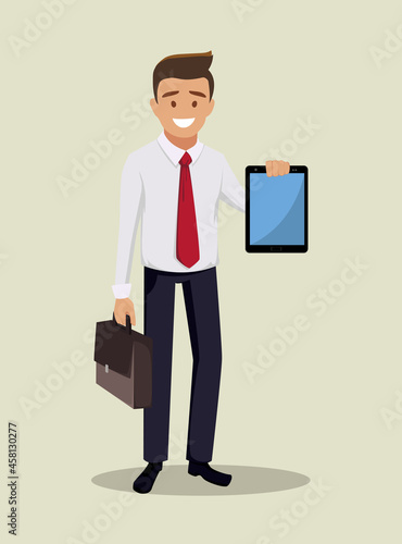A businessman shows a digital tablet computer. Vector illustration.