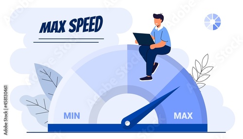 Website loading optimization Page speed and SEO Flat vector concept illustration Website speed Loading time Page optimization Speed test metering dial Slow loading of media content Signal quality