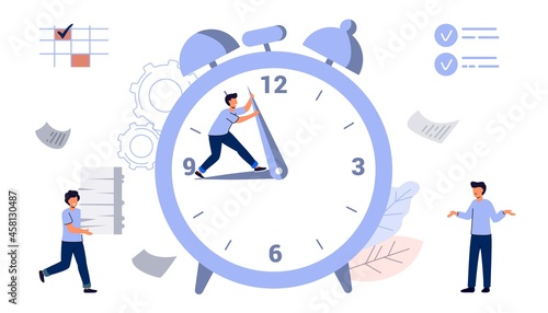 Time management with schedule as busy work productivity tiny person concept Clock and watch as productivity symbol for business meetings, agenda, schedule and work planning Stop time on clock Deadline