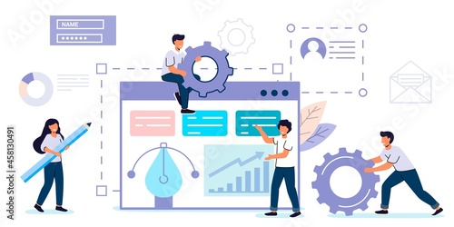 Business big data analysis, global analytics, financial research report, marketing statistics Flat design vector Office workers are studying the infographic, the analysis of the evolutionary scale