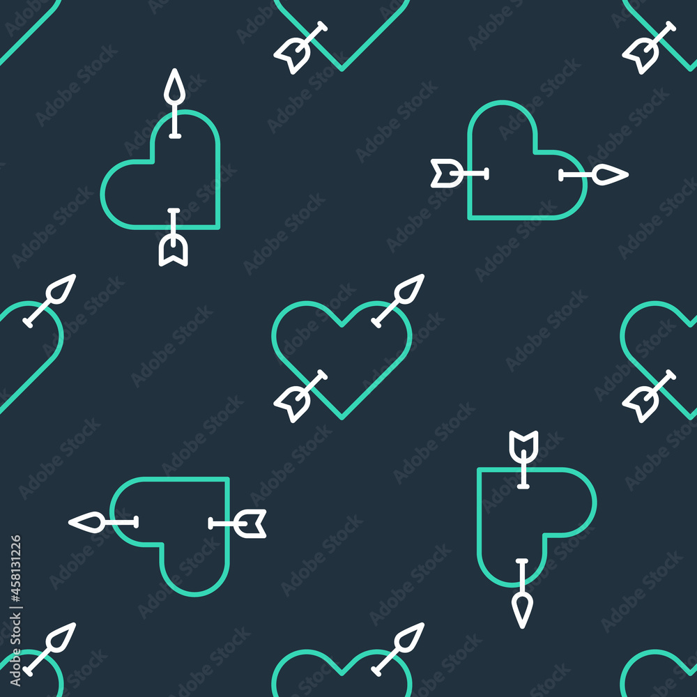 Line Amour symbol with heart and arrow icon isolated seamless pattern on black background. Love sign. Valentines symbol. Vector