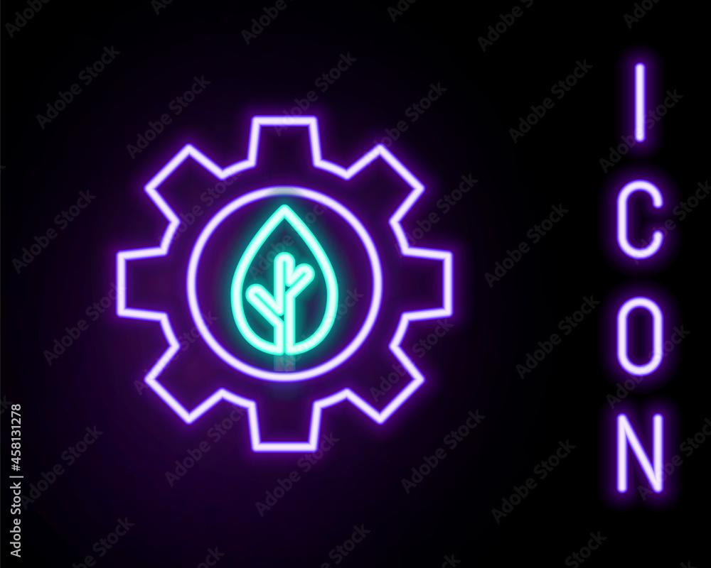 Glowing neon line Leaf plant ecology in gear machine icon isolated on black background. Eco friendly technology. World Environment day label. Colorful outline concept. Vector