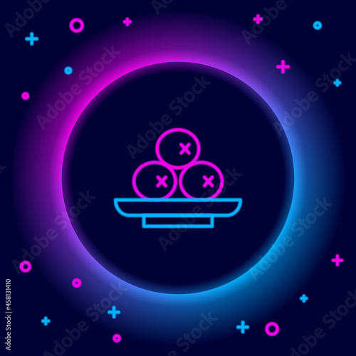 Glowing neon line Olives on plate icon isolated on black background. Colorful outline concept. Vector