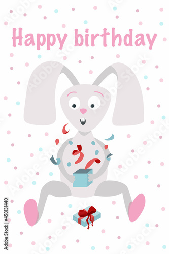 Birthday greeting card template. A cute hare who opens a box with a gift and is surprised. Vector illustration of hare character for kids