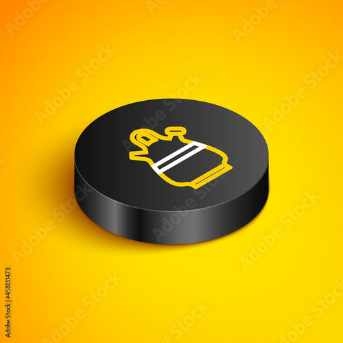 Isometric line Sangria pitcher icon isolated on yellow background. Traditional spanish drink. Black circle button. Vector