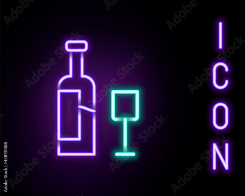 Glowing neon line Wine bottle with glass icon isolated on black background. Colorful outline concept. Vector