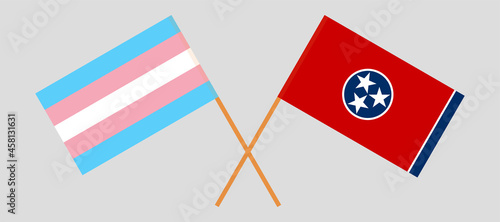 Crossed flags of transgender pride and the State of Tennessee. Official colors. Correct proportion