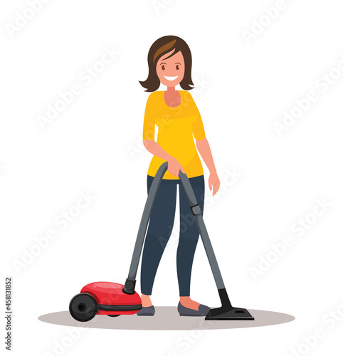 Smiling housewife cleaning carpet with vacuum cleaner vector flat illustration.
