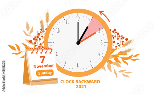 Daylight Saving Time ends concept. Vector illustration of clock and calendar date of changing time in november 7, 2021 with autumn foliage decoration. Fall Back time illustration isolated on white