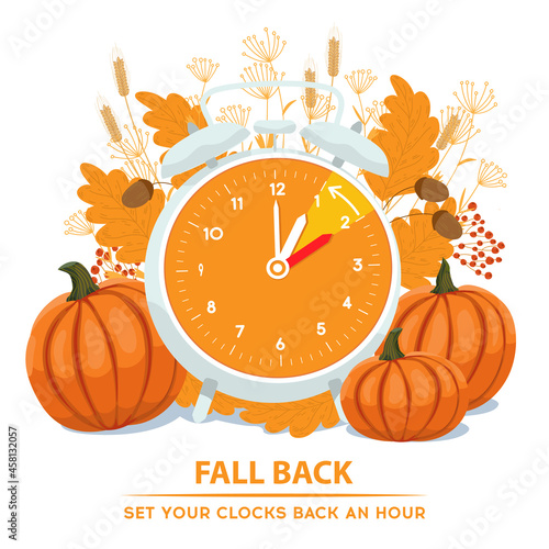 Daylight Saving Time ends concept. Vector illustration of turning alarm clock in autumn decoration. Fall Back time vector illustration with reminder text - set your clocks back an hour.