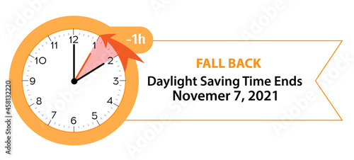 Daylight Saving Time ends concept. Web Banner Reminder with fall backward time. Vector illustration with clocks turning to an hour back.
