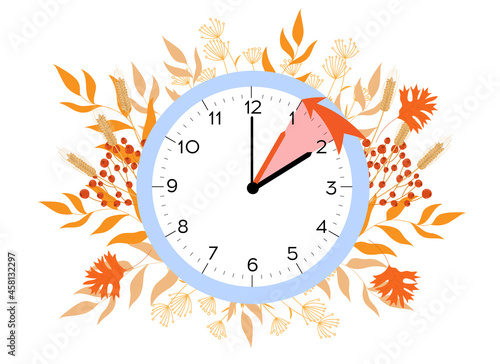 Daylight saving time ends. Vector illustration with a clock turning an hour back. Clocks in a floral frame of autumn orange foliage.