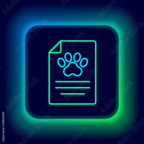 Glowing neon line Clipboard with medical clinical record pet icon isolated on black background. Health insurance form. Medical check marks report. Colorful outline concept. Vector