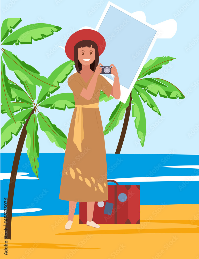 A young female tourist with a camera on a sightseeing tour. Vector illustration. A young female tourist with a camera on a sightseeing tour. Vector illustration.