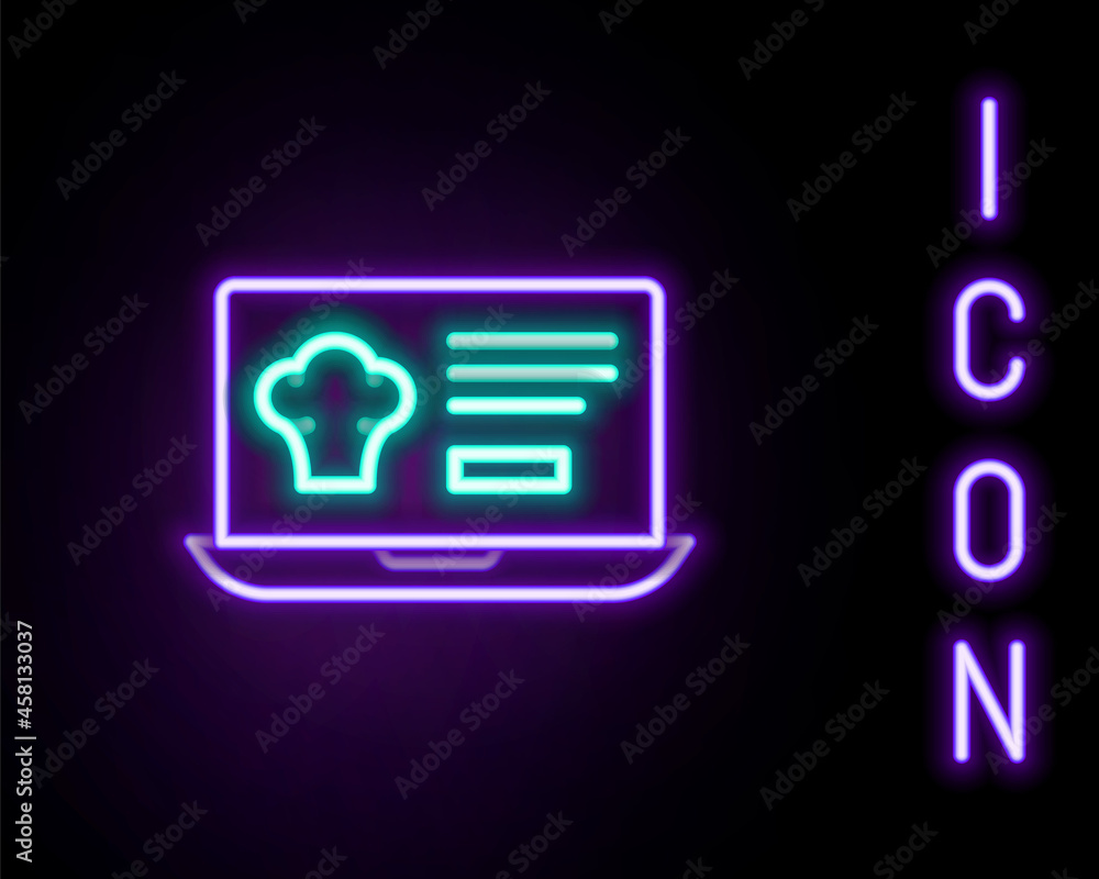 Glowing neon line Online ordering and fast food delivery icon isolated on black background. Colorful outline concept. Vector Glowing neon line Online ordering and fast food delivery icon isolated on black background. Colorful outline concept. Vector