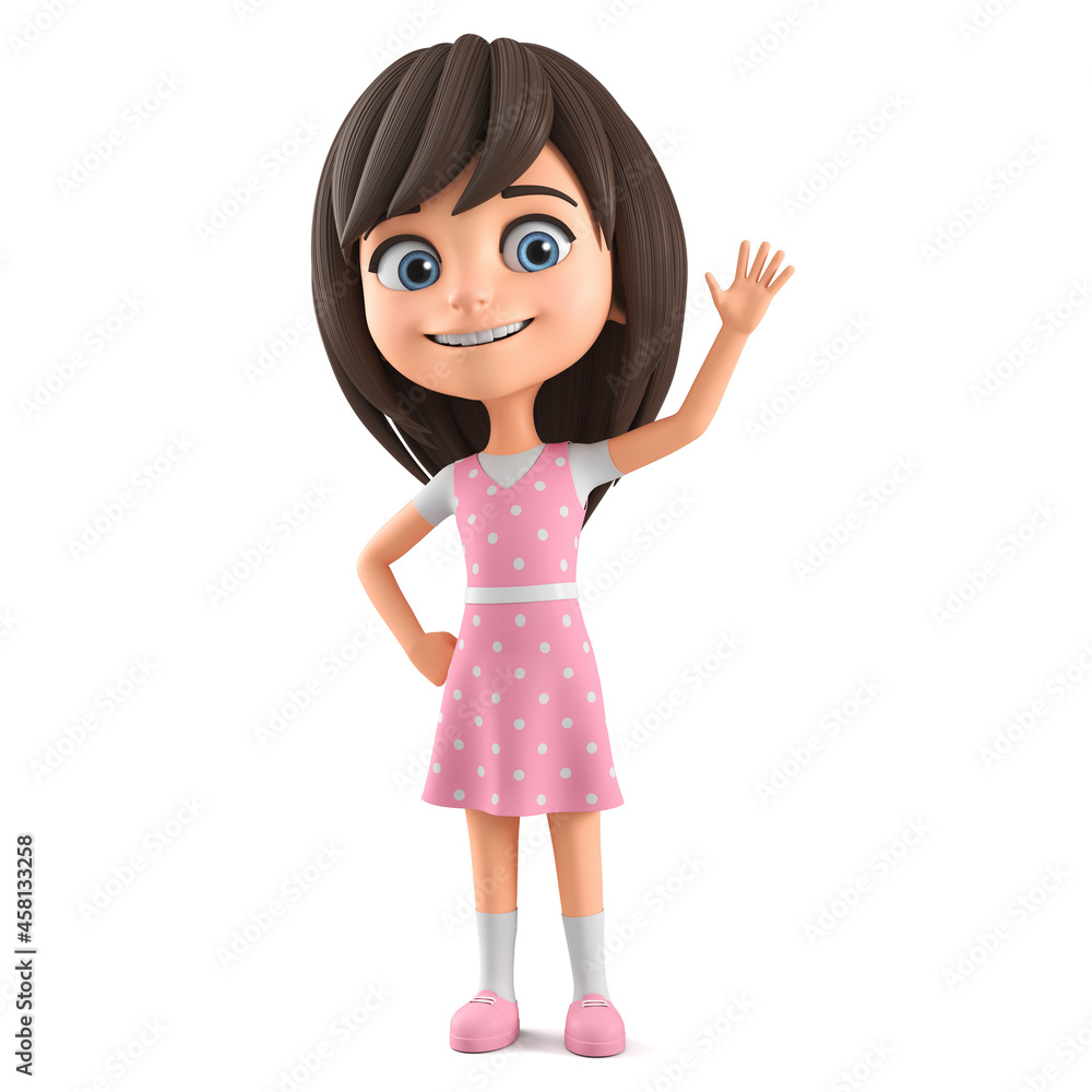 Cartoon character beautiful little girl in a pink dress and blue eyes  welcomes on a white background. 3d render illustration. Stock Illustration  | Adobe Stock